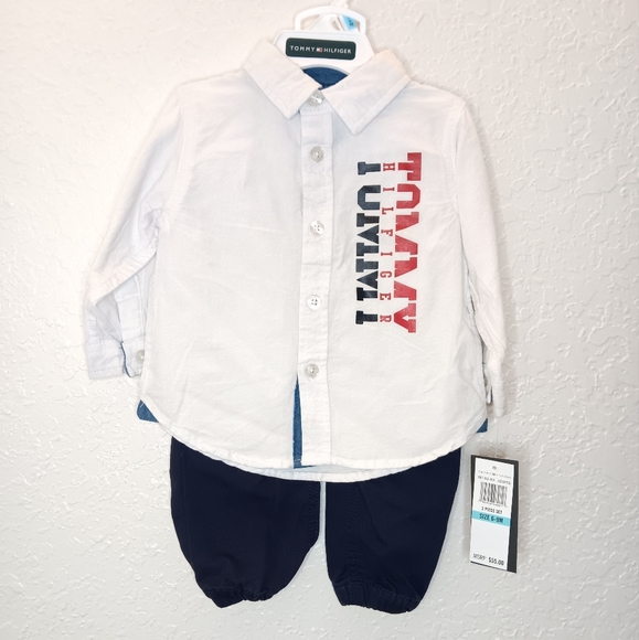 2pc Tommy Hilfiger long sleeve button-up shirt with navy blue pants for baby boy - Picture 8 of 15